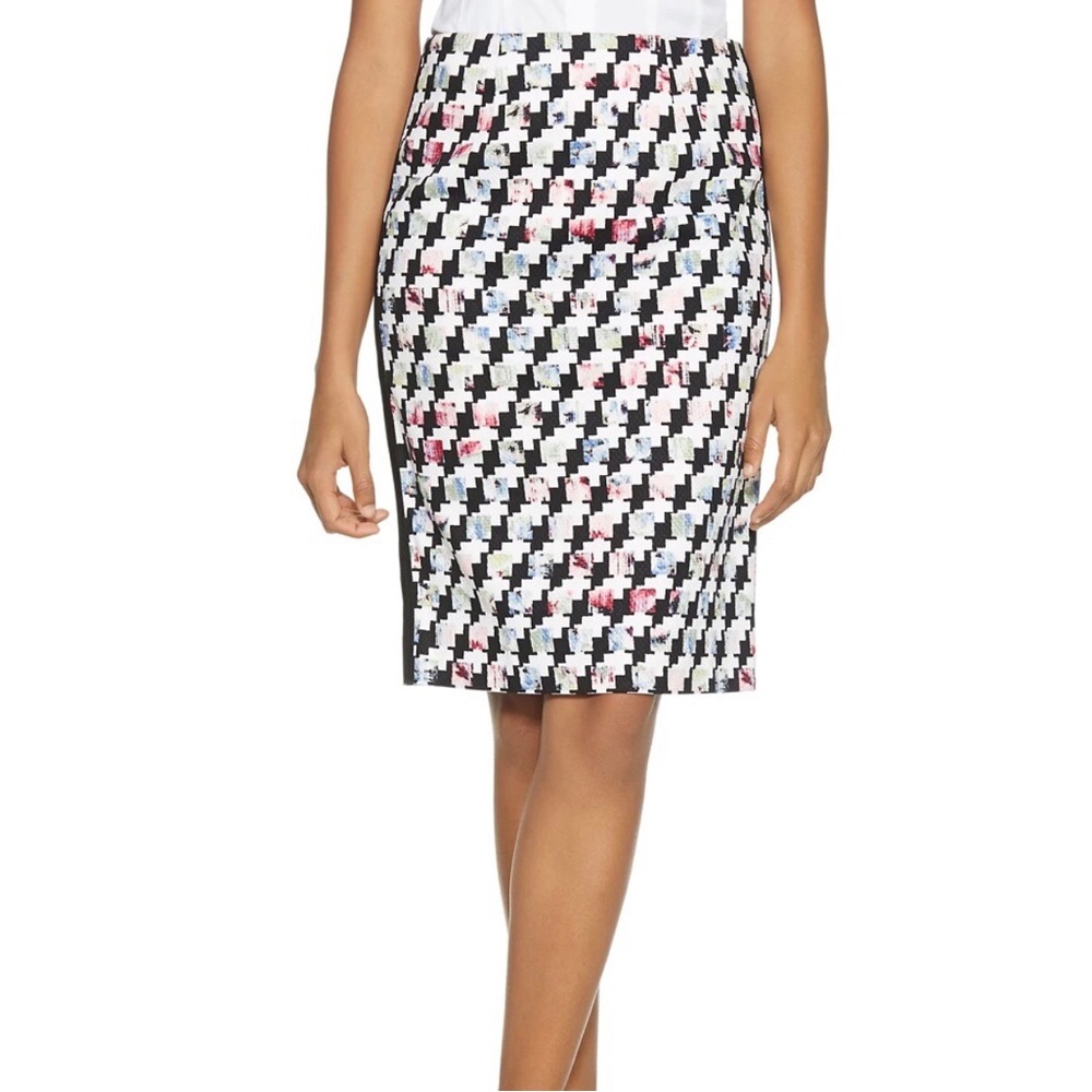 WHBM Black & White Colorful Houndstooth Pencil Skirt with Pink and Blue Accents - Picture 2 of 6